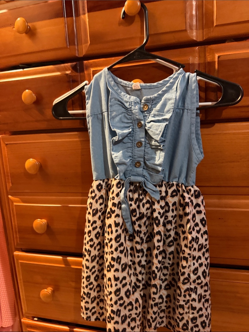 Girls' Blue Denim & Leopard Print Dress